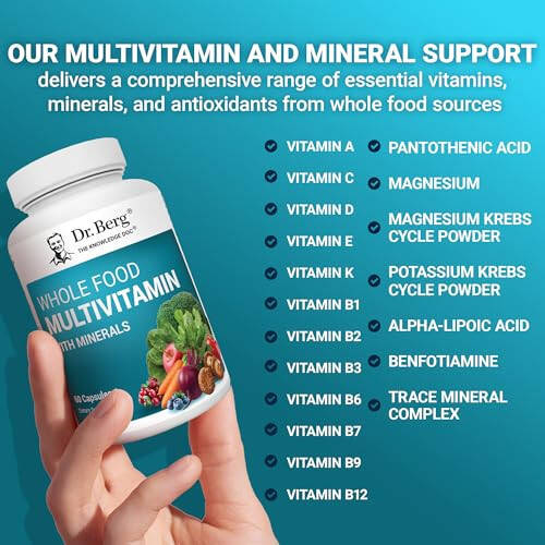 Dr. Berg Whole Food Multivitamin with Minerals - Daily Multivitamin for Men and Women - Includes Premium Whole Food Fruits and Vegetable Blend with Folate, Alpha-lipoic Acid and More - 60 Capsules - 6