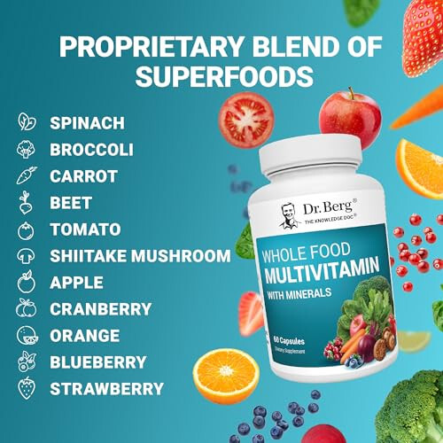 Dr. Berg Whole Food Multivitamin with Minerals - Daily Multivitamin for Men and Women - Includes Premium Whole Food Fruits and Vegetable Blend with Folate, Alpha-lipoic Acid and More - 60 Capsules - 7