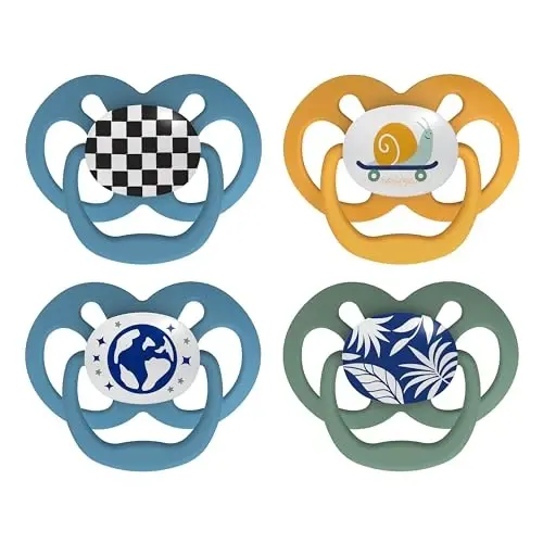 Dr. Brown's Advantage Glow-in-the-Dark Baby Pacifier, Fully Symmetrical Soother with Soft Silicone Bulb, 6-18m, BPA Free, Skateboard Snail and Blue Nature, 4 Pack (Style May Vary) 