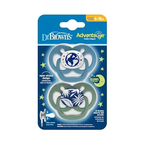 Dr. Brown's Advantage Glow-in-The-Dark Baby Pacifier, Fully Symmetrical Soother with Soft Silicone Bulb, Blue Nature, 6-18m, BPA Free, 2 Pack - DR. BROWN'S (1)
