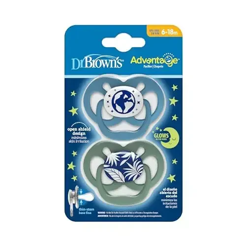 Dr. Brown's Advantage Glow-in-The-Dark Baby Pacifier, Fully Symmetrical Soother with Soft Silicone Bulb, Blue Nature, 6-18m, BPA Free, 2 Pack - 2