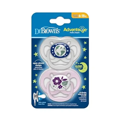 Dr. Brown's Advantage Glow-in-The-Dark Baby Pacifier, Fully Symmetrical Soother with Soft Silicone Bulb, Purple Nature, 6-18m, BPA Free, 2 Pack - DR. BROWN'S (1)