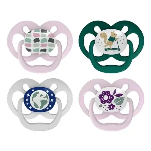 Dr. Brown's Advantage Glow-in-The-Dark Baby Pacifier, Fully Symmetrical Soother with Soft Silicone Bulb, Scooter Squirrel-Purple Nature, 6-18m, BPA Free, 4 Pack - DR. BROWN'S