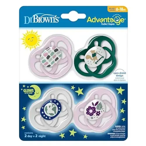 Dr. Brown's Advantage Glow-in-The-Dark Baby Pacifier, Fully Symmetrical Soother with Soft Silicone Bulb, Scooter Squirrel-Purple Nature, 6-18m, BPA Free, 4 Pack - 5