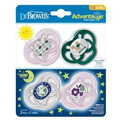 Dr. Brown's Advantage Glow-in-the-Dark Baby Pacifier, Fully Symmetrical Soother with Soft Silicone Bulb, Scooter Squirrel-Purple Nature, 6-18m, BPA Free, 4 Pack - 5