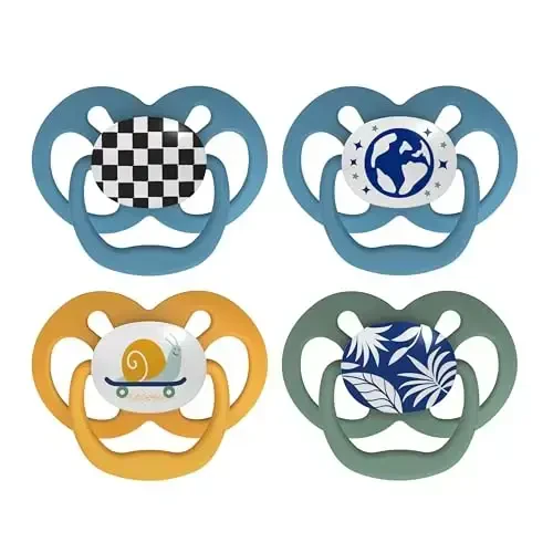 Dr. Brown's Advantage Glow-in-The-Dark Baby Pacifier, Fully Symmetrical Soother with Soft Silicone Bulb, Skateboard Snail-Blue Nature, 6-18m, BPA Free, 4 Pack - 1