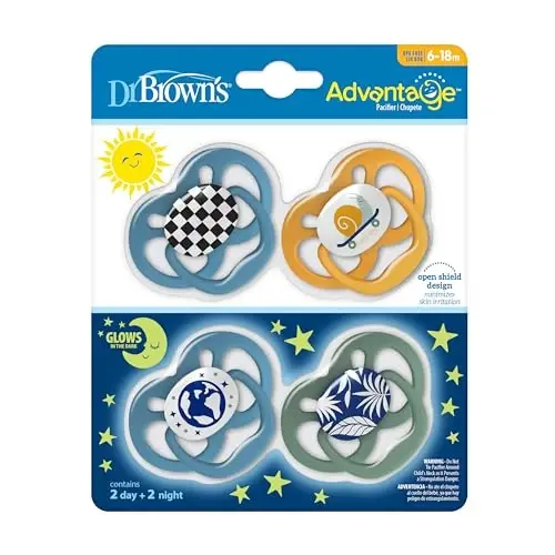 Dr. Brown's Advantage Qorong'uda Yorqin Chaqaloq So'rg'ichi, Yumshoq Silikon Lampochkali To'liq Simmetrik Tinchlantiruvchi, 6-18 oy, BPA Siz, Skateboard Salyangoz va Moviy Tabiat, 4 Paket (Uslub O'zgarishi Mumkin) - MODAZONE (1)