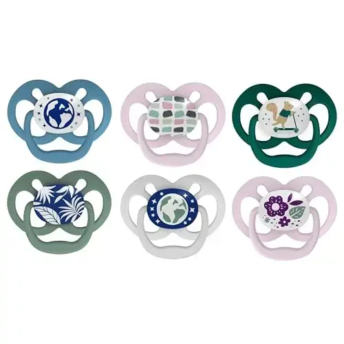 Dr. Brown's Advantage Glow-in-The-Dark Baby Pacifier, Fully Symmetrical Soother with Soft Silicone Bulb, Blue Nature-Purple Nature, 6-18m, BPA Free, 6 Pack - 1