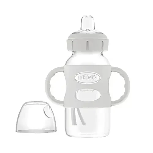Dr. Brown's Milestones Wide-Neck Sippy Spout Bottle with 100% Silicone Handles, Easy-Grip Handles with Soft Sippy Spout, 9oz/270mL, Gray, 1-Pack, 6m+ 
