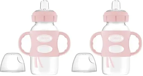 Dr. Brown's Milestones Wide-Neck Sippy Spout Bottle with 100% Silicone Handles, Easy-Grip Handles with Soft Sippy Spout, 9oz/270mL, Light-Pink, 2-Pack, 6m+ - 1
