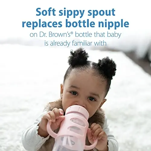 Dr. Brown's Milestones Wide-Neck Sippy Spout Bottle with 100% Silicone Handles, Easy-Grip Handles with Soft Sippy Spout, 9oz/270mL, Light-Pink, 2-Pack, 6m+ - 3