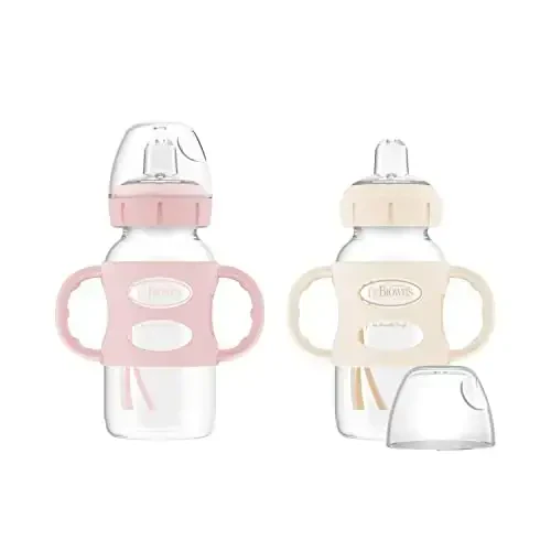 Dr. Brown's Milestones Wide-Neck Sippy Spout Bottle with 100% Silicone Handles, Easy-Grip Handles with Soft Sippy Spout, 9oz/270mL, Light-Pink & Ecru, 2-Pack, 6m+ - DR. BROWN'S