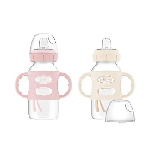 Dr. Brown's Milestones Wide-Neck Sippy Spout Bottle with 100% Silicone Handles, Easy-Grip Handles with Soft Sippy Spout, 9oz/270mL, Light-Pink & Ecru, 2-Pack, 6m+ - 1