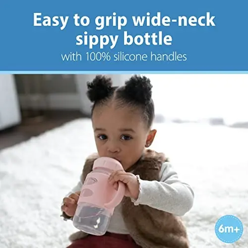 Dr. Brown's Milestones Wide-Neck Sippy Spout Bottle with 100% Silicone Handles, Easy-Grip Handles with Soft Sippy Spout, 9oz/270mL, Light-Pink & Ecru, 2-Pack, 6m+ - 2