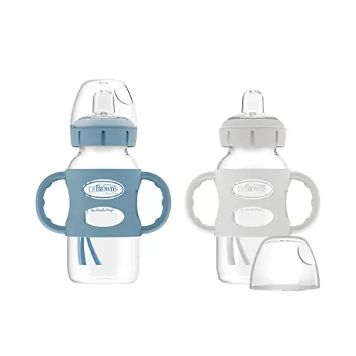 Dr. Brown's Milestones Wide-Neck Sippy Spout Bottle with 100% Silicone Handles, Easy-Grip Handles with Soft Sippy Spout, 9oz/270mL, Light-Blue & Gray, 2-Pack, 6m+ - 1