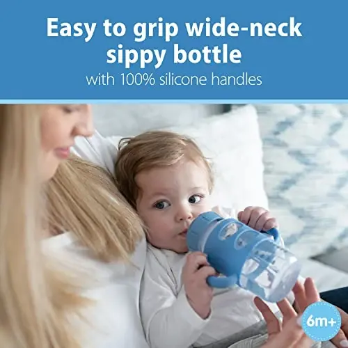 Dr. Brown's Milestones Wide-Neck Sippy Spout Bottle with 100% Silicone Handles, Easy-Grip Handles with Soft Sippy Spout, 9oz/270mL, Light-Blue & Gray, 2-Pack, 6m+ - 2