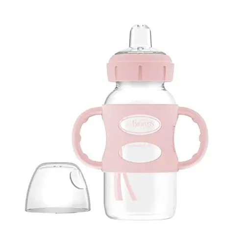Dr. Brown's Milestones keng bo'yinli qultumli tumshuqli shisha, 100% silikon tutqichlar bilan, yumshoq qultumli tumshuq bilan oson ushlanadigan tutqichlar, 9oz/270mL, och pushti, 1 dona, 6 oydan+ - 1