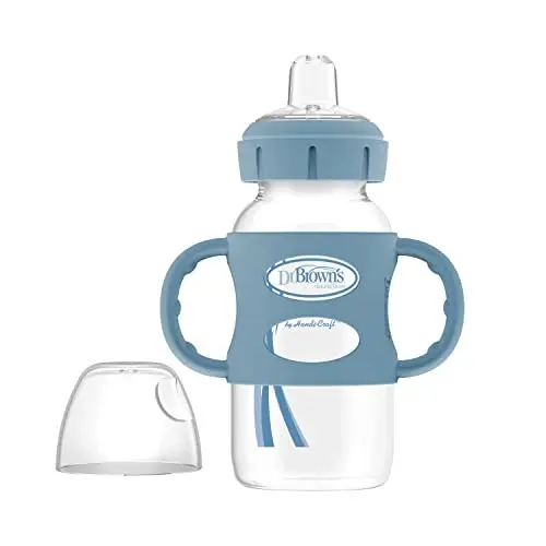 Dr. Brown's Milestones keng bo'yinli Sippy tumshuqli butilkasi 100% silikon tutqichlar bilan, yumshoq Sippy tumshuqli oson ushlanadigan tutqichlar, 9oz/270mL, och ko'k, 1 dona, 6 oydan + 