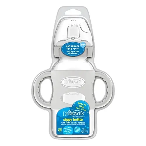 Dr. Brown's Milestones Wide-Neck Sippy Spout Bottle with 100% Silicone Handles, Easy-Grip Handles with Soft Sippy Spout, 9oz/270mL, Gray, 1-Pack, 6m+ - 2