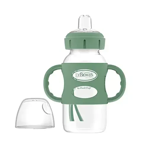 Dr. Brown's Milestones Wide-Neck Sippy Spout Bottle with 100% Silicone Handles, Easy-Grip Handles with Soft Sippy Spout, 9oz/270mL, Green, 1-Pack, 6m+ 