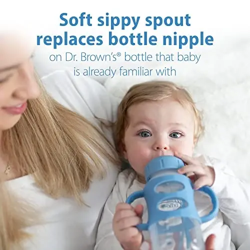Dr. Brown's Milestones Wide-Neck Sippy Spout Bottle with 100% Silicone Handles, Easy-Grip Handles with Soft Sippy Spout, 9oz/270mL, Light-Blue, 1-Pack, 6m+ - 3