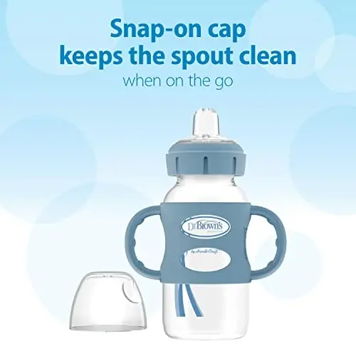 Dr. Brown's Milestones Wide-Neck Sippy Spout Bottle with 100% Silicone Handles, Easy-Grip Handles with Soft Sippy Spout, 9oz/270mL, Light-Blue & Gray, 2-Pack, 6m+ - 4