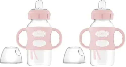 Dr. Brown's Milestones Wide-Neck Sippy Spout Bottle with 100% Silicone Handles, Easy-Grip Handles with Soft Sippy Spout, 9oz/270mL, Light-Pink, 2-Pack, 6m+ - 1