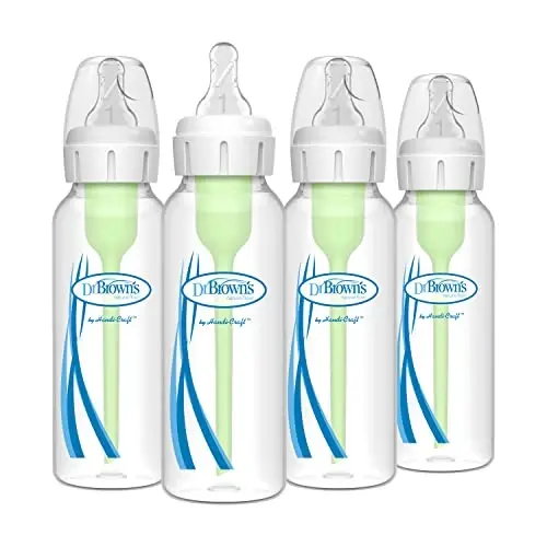 Dr. Brown's Natural Flow Anti-Colic Options+ Narrow Baby Bottle, 8 oz/250 mL, with Level 1 Slow Flow Nipples, 0m+, 4 Pack 