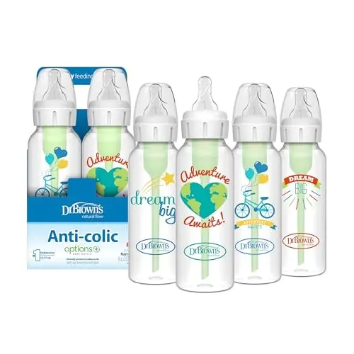 Dr. Brown's Natural Flow Anti-Colic Options+ Narrow Baby Bottle, Dream Adventure, 8 oz/250 mL, with Level 1 Slow Flow Nipples, 0m+, 4 Pack - 1
