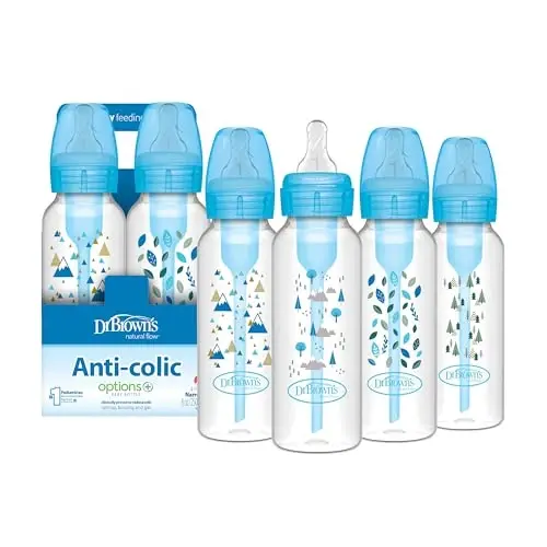 Dr. Brown's Natural Flow Anti-Colic Options+ Narrow Baby Bottle, Blue Nature, 8 oz/250 mL, with Level 1 Slow Flow Nipples, 0m+, 4 Pack - 1