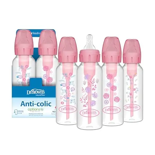 Dr. Brown's Natural Flow Anti-Colic Options+ Tor Baby Bottle, Pink Floral, 8 oz/250 mL, Level 1 Slow Flow Emziklari bilan, 0m+, 4 Pack - 1