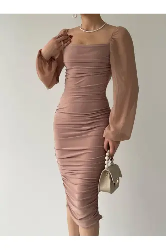 Drafe Sandy Kare Yaka, pudra Elbise, Kolu Şifon - PUDRA - ADASTYLE (1)