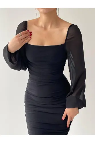 Drafe Sandy Kare Yaka Siyah Elbise, Kolu Şifon - SİYAH - ADASTYLE (1)