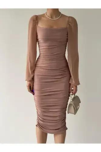 Drafe Sandy Square Collar, powder Dress, Sleeve Chiffon-POWDER - 1