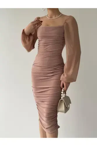 Drafe Sandy Square Collar, powder Dress, Sleeve Chiffon-POWDER - 2