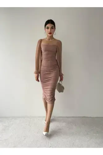 Drafe Sandy Square Collar, powder Dress, Sleeve Chiffon-POWDER - 3