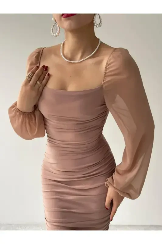 Drafe Sandy Square Collar, powder Dress, Sleeve Chiffon-POWDER - 4