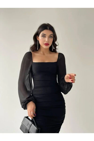 Drafe Sandy Square Neck Black Dress, Sleeve Chiffon - LACASE