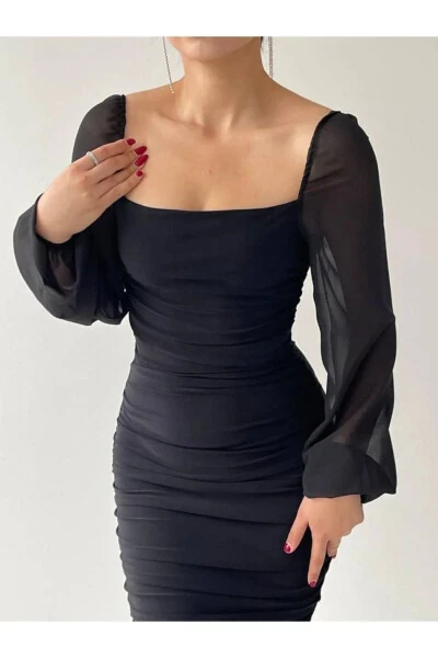 Drafe Sandy Square Neck Black Dress, Sleeve Chiffon - LACASE (1)