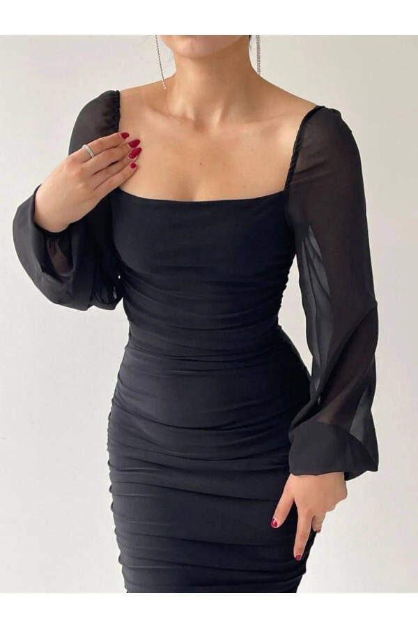 Drafe Sandy Square Neck Black Dress, Sleeve Chiffon - 2