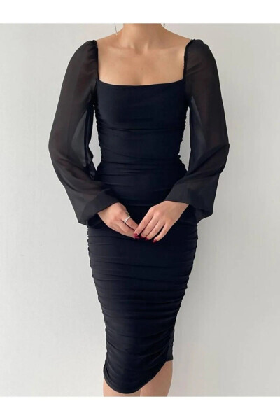 Drafe Sandy Square Neck Black Dress, Sleeve Chiffon - 8