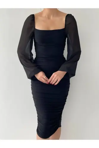 Drafe Sandy Square Neck Black Dress, Sleeve Chiffon - 3