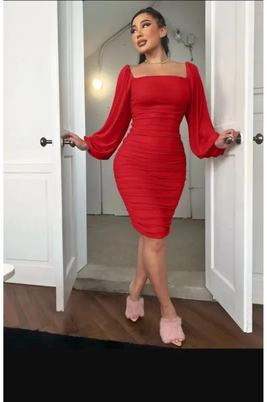 Drafe Sandy Square Neck Red Dress, Sleeve Chiffon-RED - 3