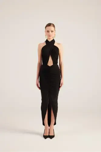 Drape Detailed Backless Slit Long Marie Dress Black-Black - 1