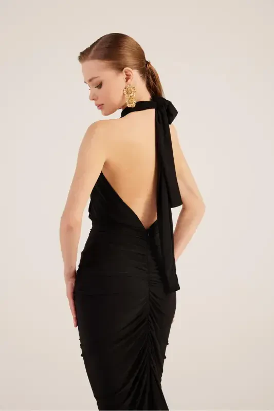 Drape Detailed Backless Slit Long Marie Dress Black-Black - 3