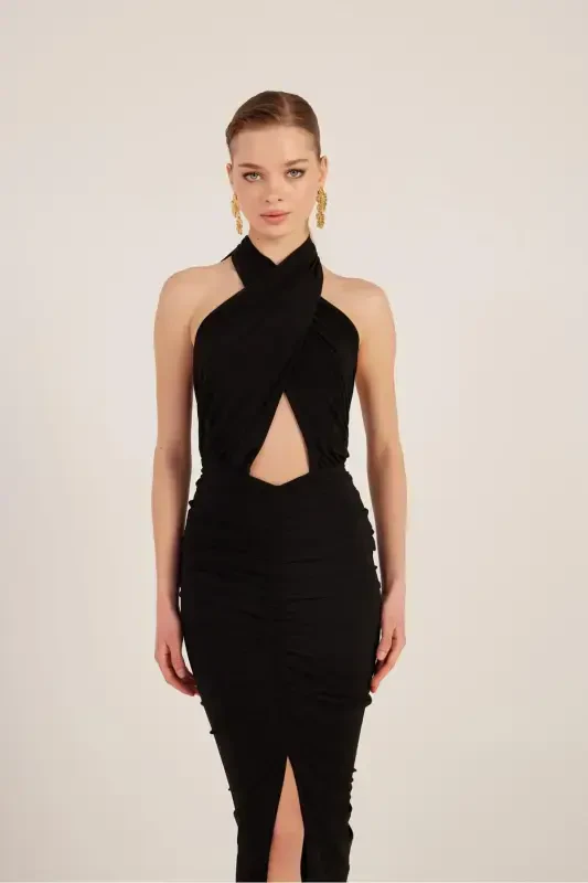 Drape Detailed Backless Slit Long Marie Dress Black-Black - 4