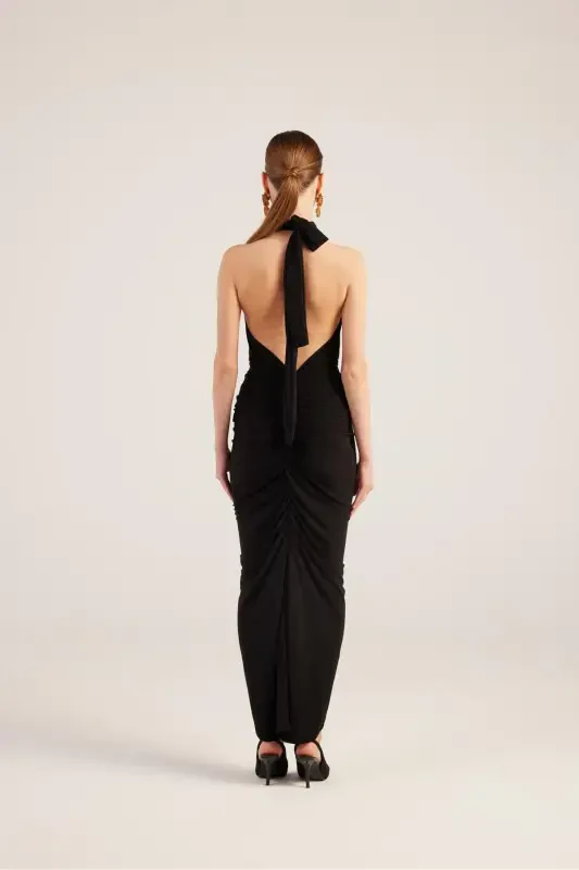 Drape Detailed Backless Slit Long Marie Dress Black-Black - 5