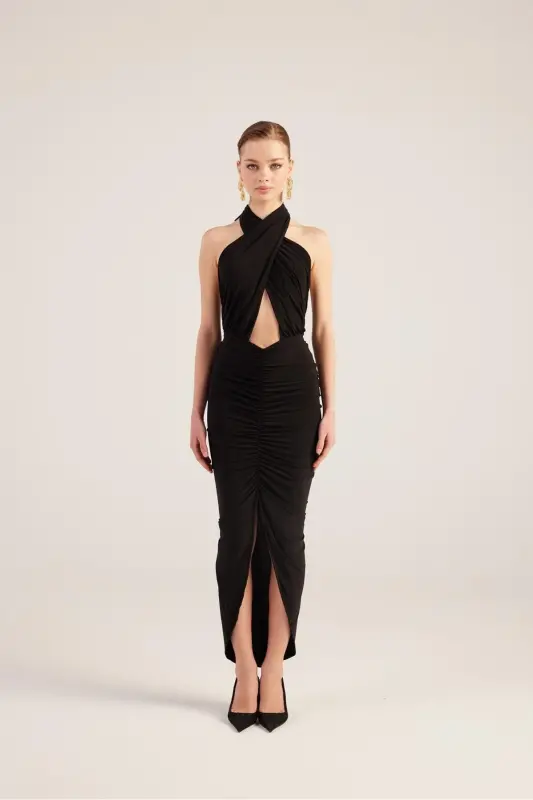 Drape Detailed Backless Slit Long Marie Dress Black-Black - 2