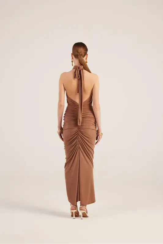 Drape Detailed Backless Slit Long Marie Dress Coffee-Coffee - 5