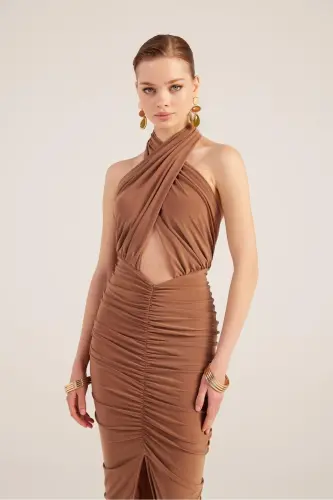 Drape Detailed Backless Slit Long Marie Dress Coffee-Coffee - 3